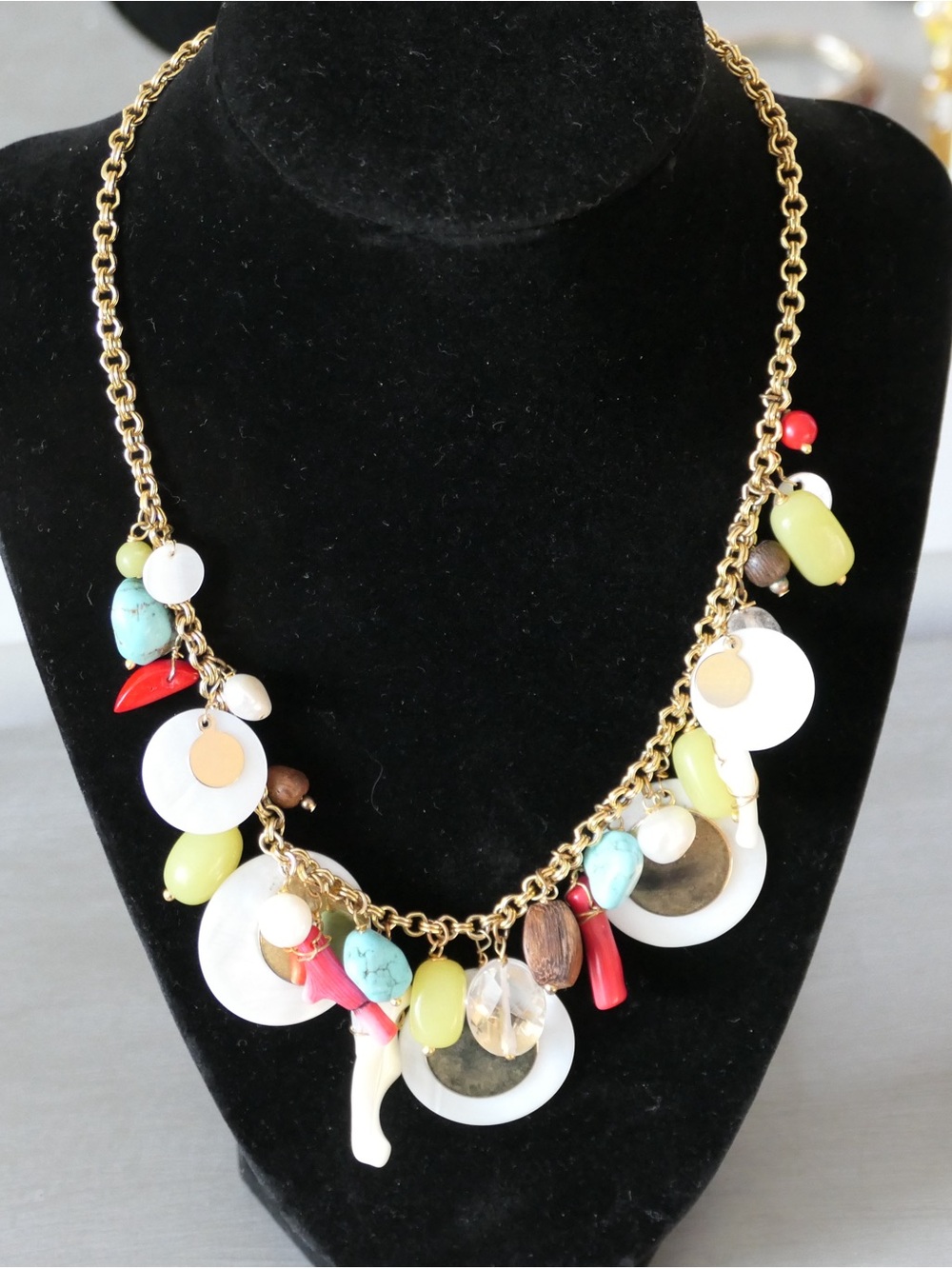 Gold Tone Chain Multi-Color Charm Necklace - White, Turquoise & Red Accents